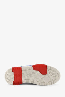 Off-white men’s out of office bubble arrow leather sneakers white with red and white rubber sole and embossed logo view of sole