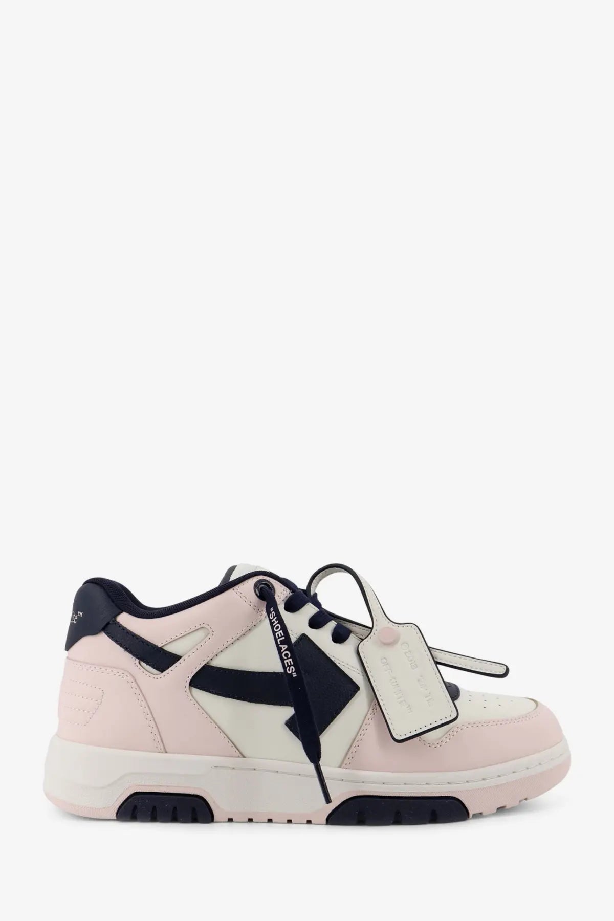 Off-White men’s out of office leather sneakers in pastel pink and white with black accents and distinctive tag design
