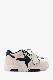 Off-White men’s out of office leather sneakers in pastel pink and white with black accents and distinctive tag design