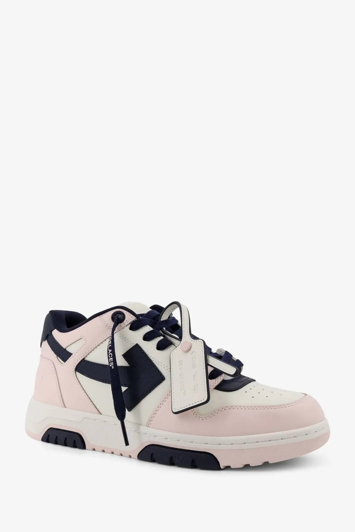 Off-white men’s out of office leather sneakers blue with pastel pink and navy blue panels and a chunky rubber sole