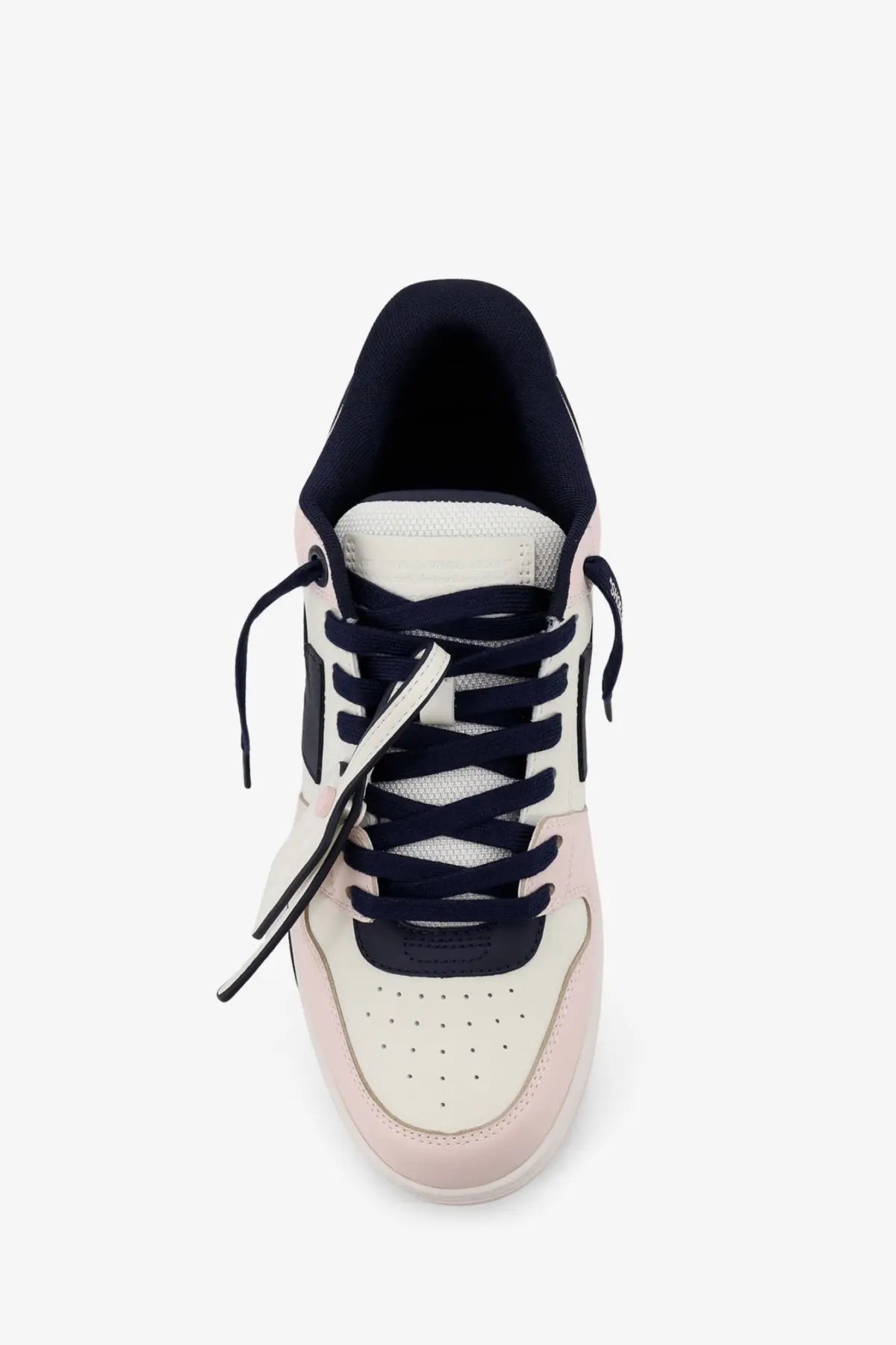Off-White men’s out of office leather sneakers in pastel pink and navy blue with perforated toe box and black laces