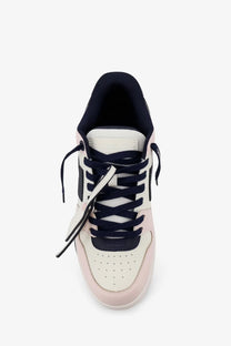 Off-White men’s out of office leather sneakers in pastel pink and navy blue with perforated toe box and black laces