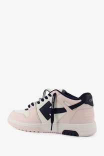 Off-white men’s out of office leather sneaker in pink and white with black accents and bold arrow logo on the side