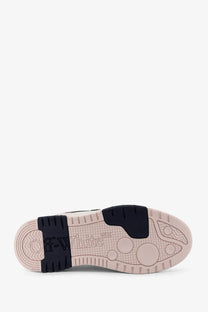 Off-white men’s out of office leather low-top sneaker in blue with beige rubber sole and black heel tab with logo back view