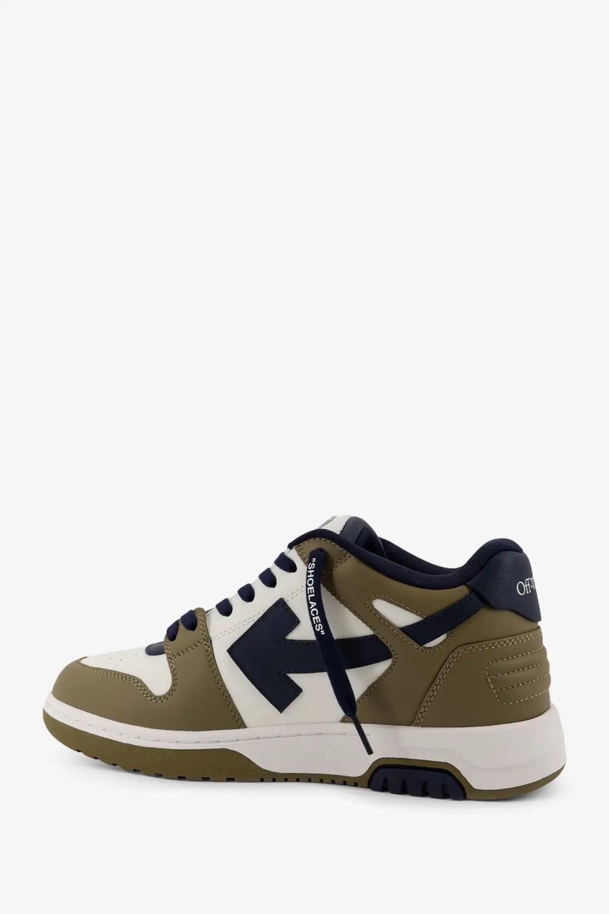 Off-White men’s out of office leather sneakers in olive green and white with a bold black arrow logo on the side