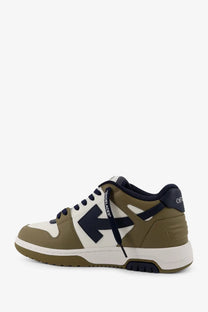 Off-White men’s out of office leather sneakers in olive green and white with a bold black arrow logo on the side