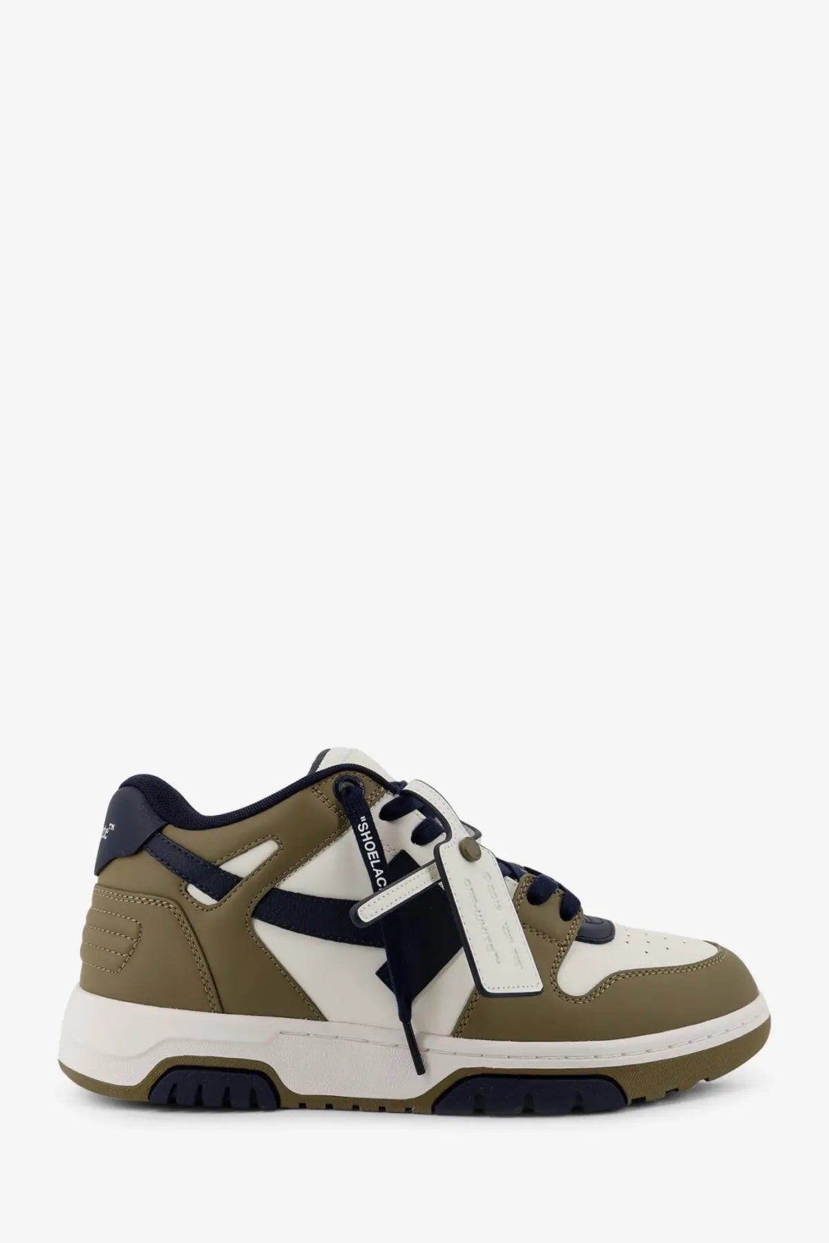 Off-white men’s out of office leather sneakers in olive white with black accents and distinctive lace label
