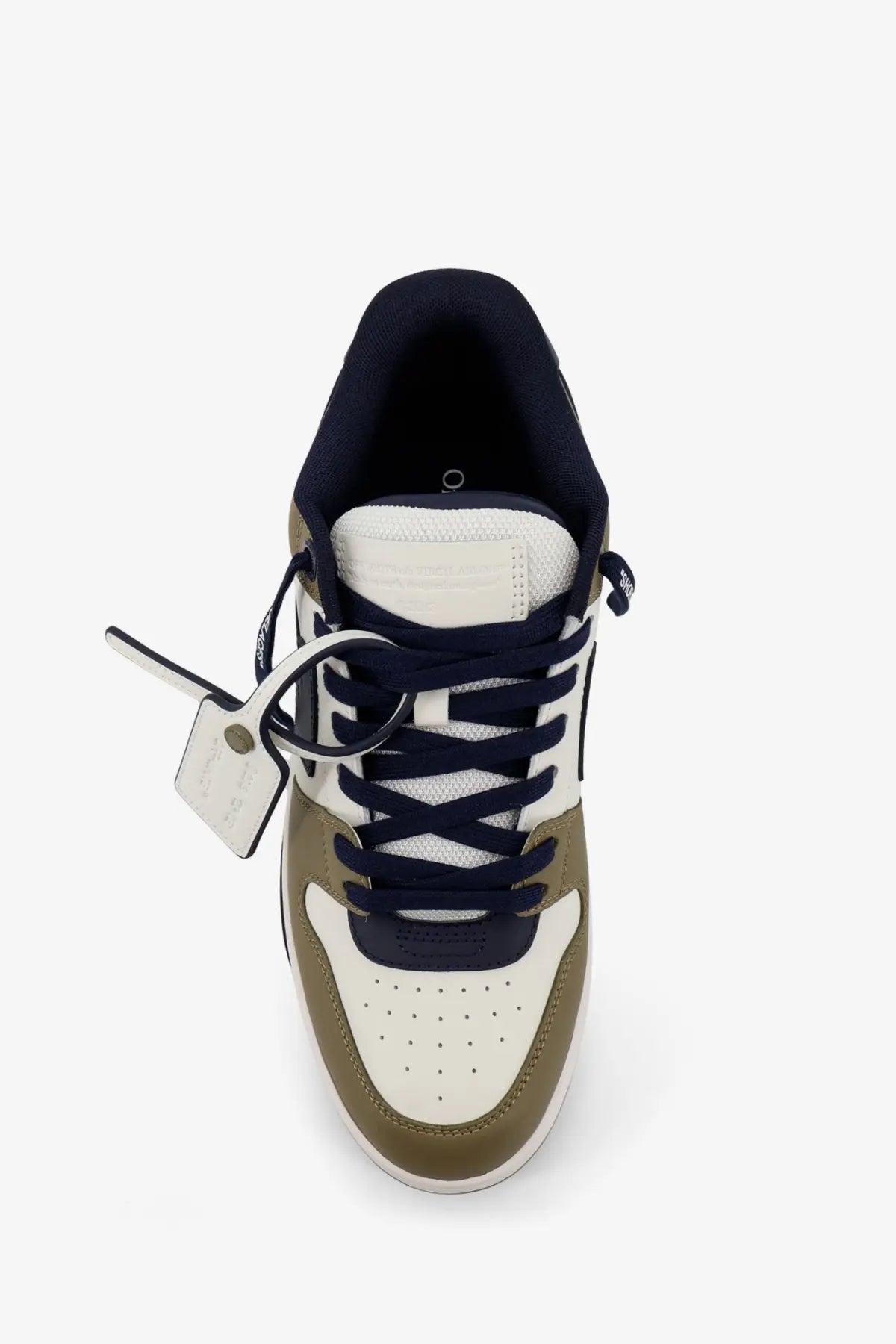 Off-white men’s out of office leather sneakers green with white and olive high-top, navy laces, perforated toe box, and white tag