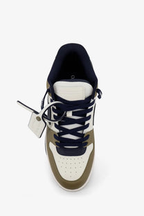 Off-White men’s out of office leather sneaker in white and olive green with navy laces perforated toe box and white tag