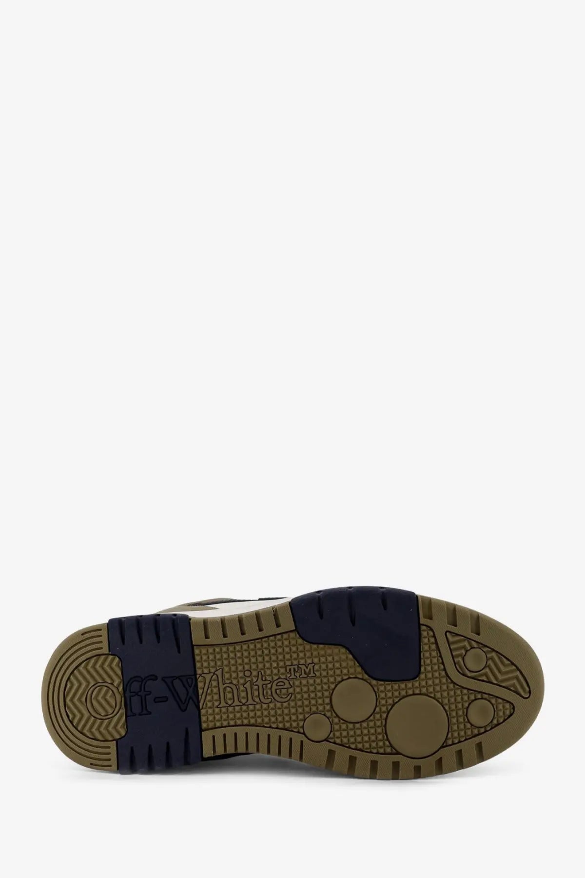 Off-white men’s out of office leather sneaker showing back with navy blue heel tab and tan rubber sole
