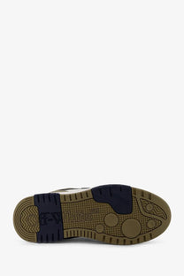 Off-white men’s out of office leather sneaker showing back with navy blue heel tab and tan rubber sole