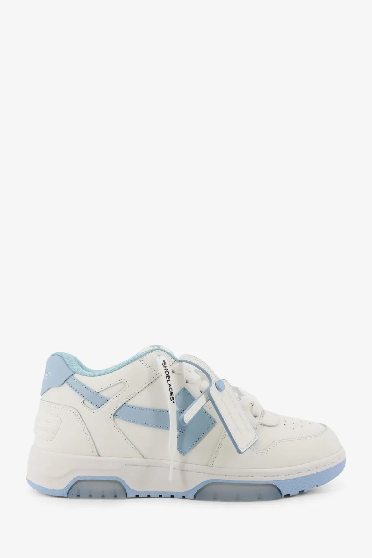 Off-White men’s out of office leather sneakers in white and light blue with minimalist design and branded laces