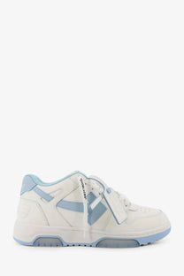 Off-White men’s out of office leather sneakers in white and light blue with minimalist design and branded laces