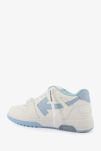 Off-White men’s out of office leather sneakers in white with light blue accents and a bold arrow logo on the side