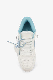 Off-white men’s out of office white leather sneakers with light blue accents and distinctive zip tie lacing system