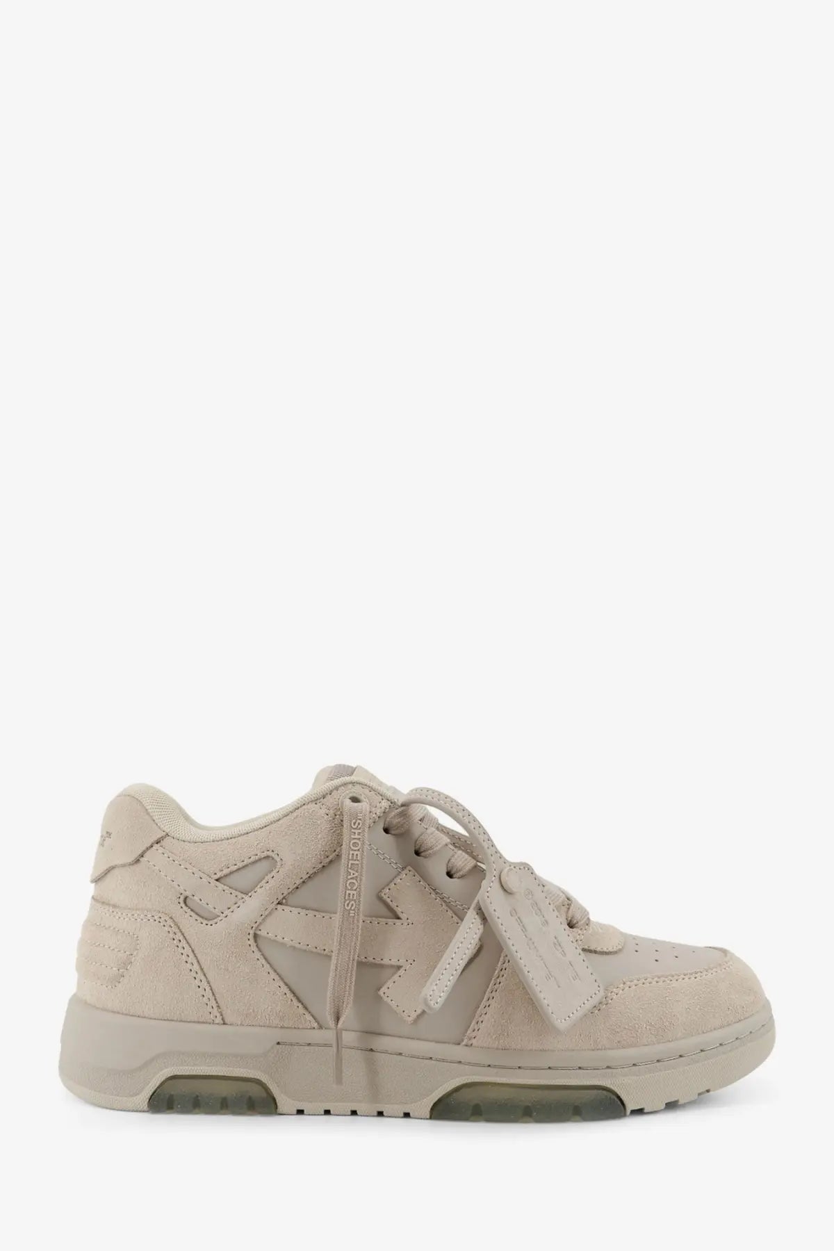 Beige suede off-white men’s out of office low-top sneaker with off-white logo patch and matching laces