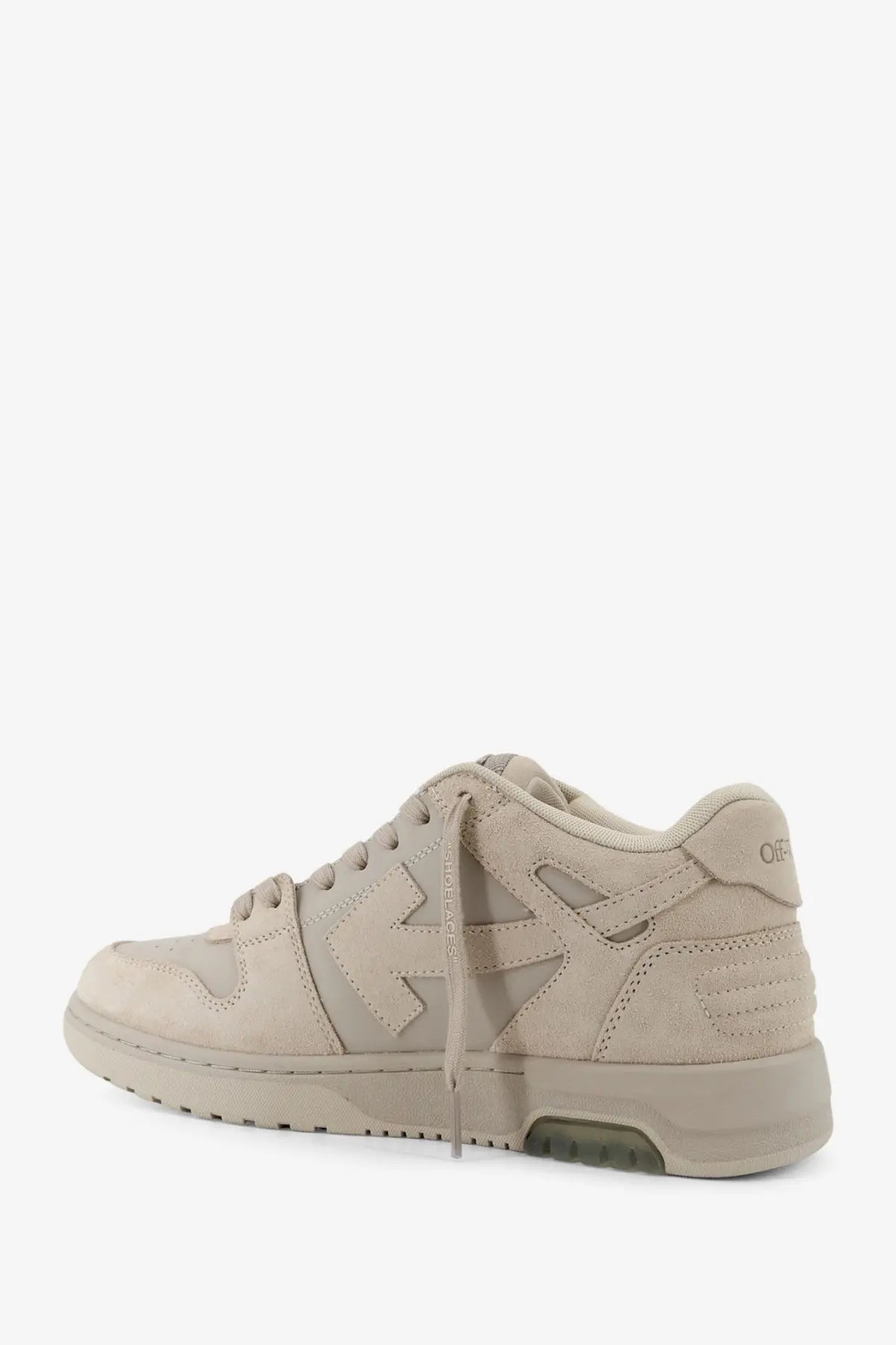 Beige off-white men’s out of office suede sneaker with cut-out arrow design and matching laces in white leather accents