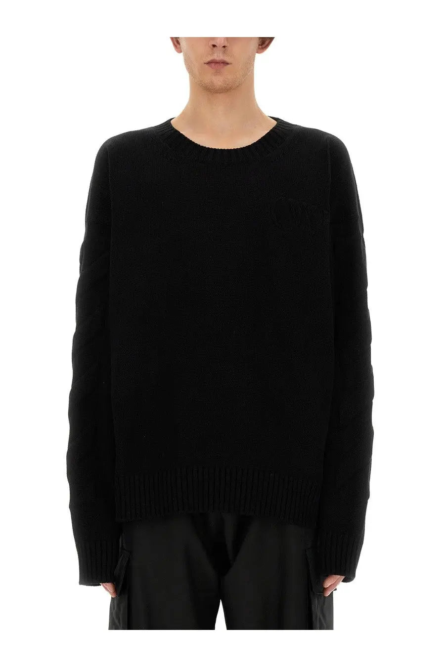 Off-White men’s oversize black knit sweater with ribbed cuffs and hem made from soft knit material