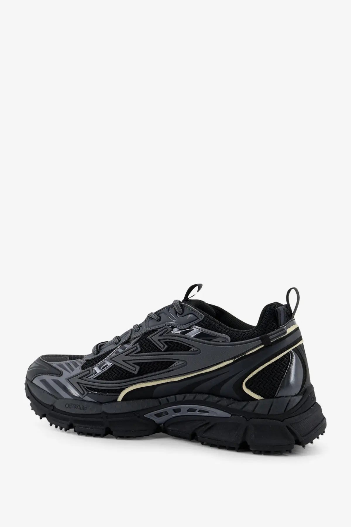Off-white men’s ow be right back low top sneakers black with black and gray mesh upper and chunky sole with reflective accents