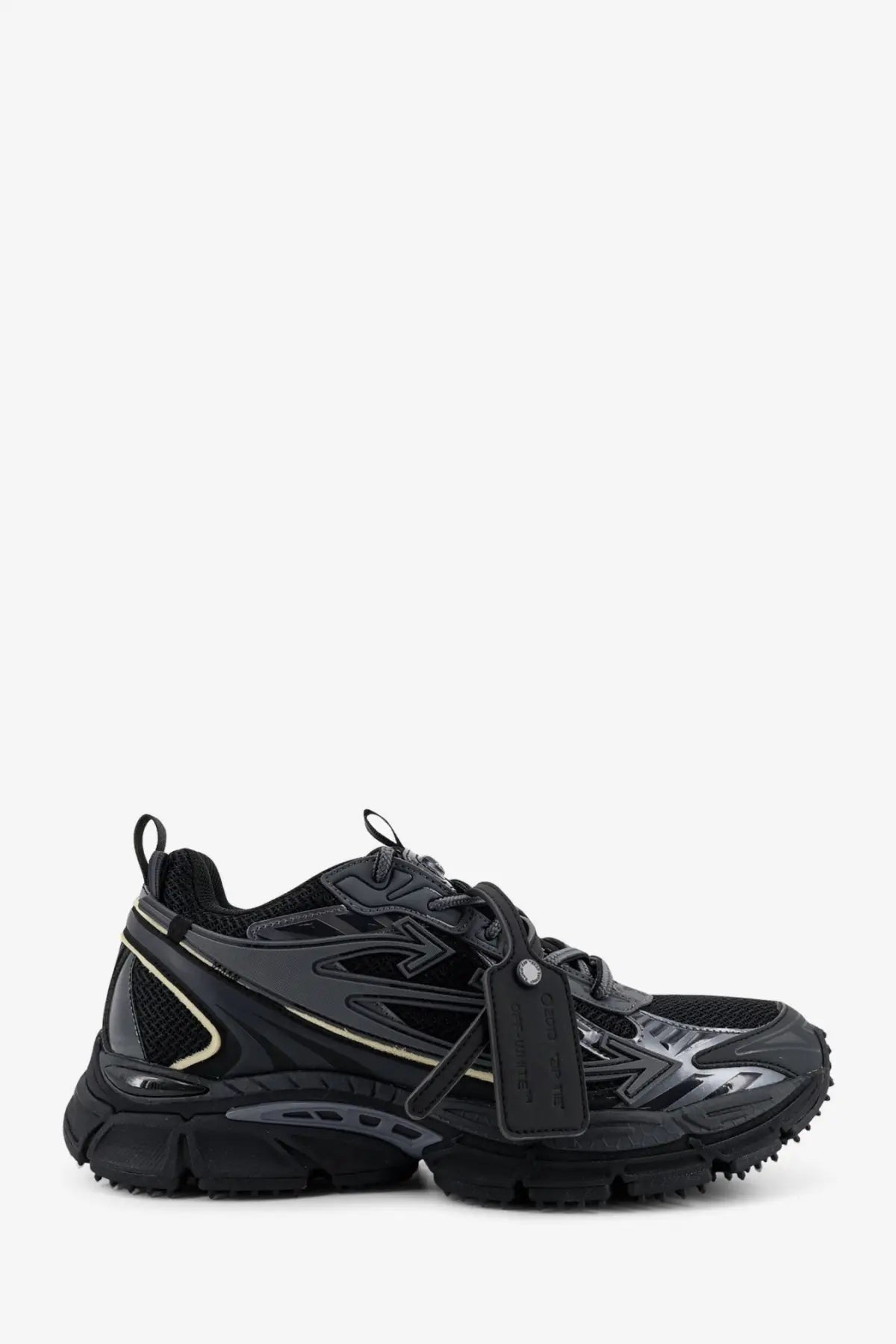 Off-White men’s OW be right back low top sneakers black with chunky sole glossy and matte geometric textures