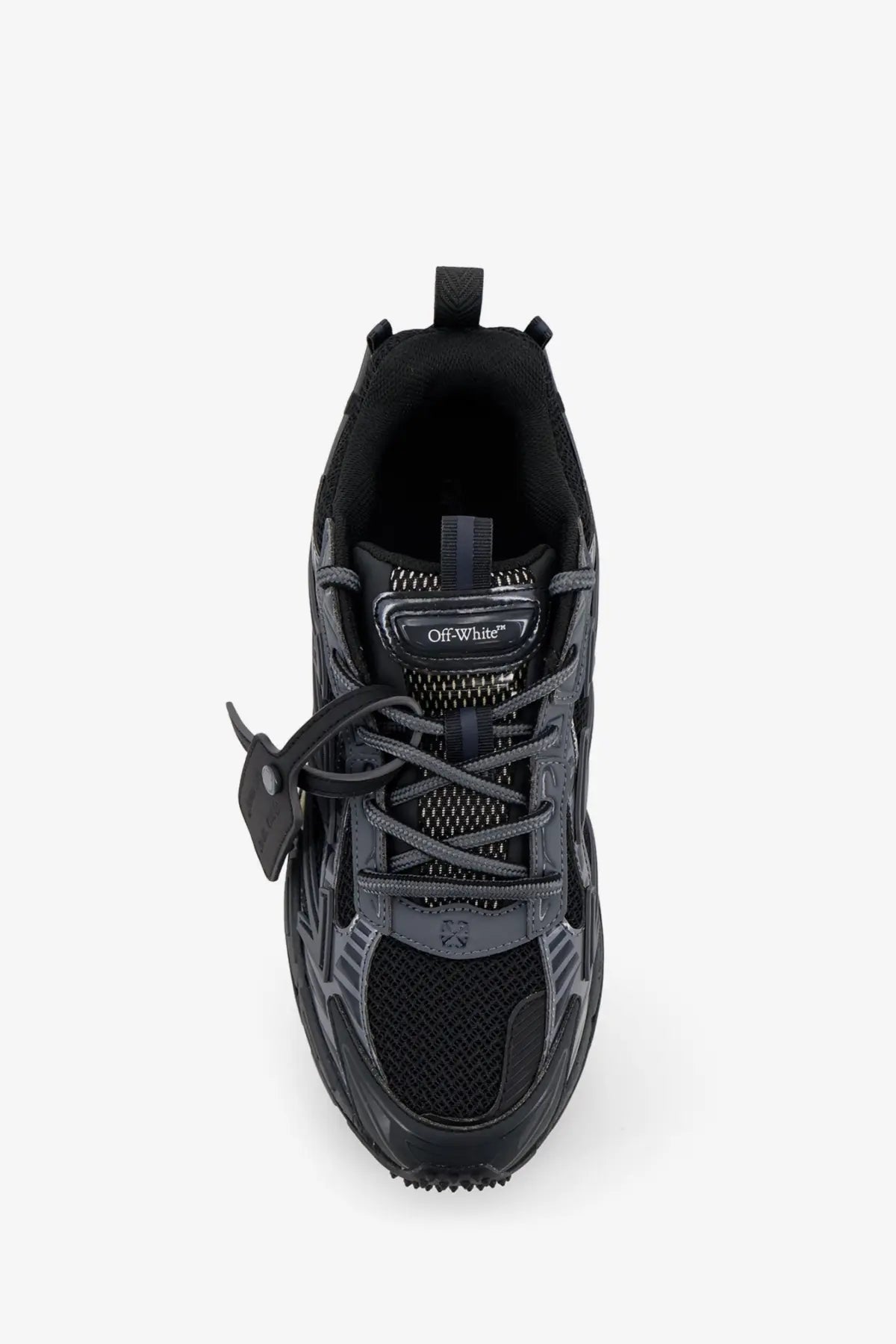 Off-white men’s ow be right back low top sneaker in black with mesh synthetic overlays chunky sole and brand logo on tongue