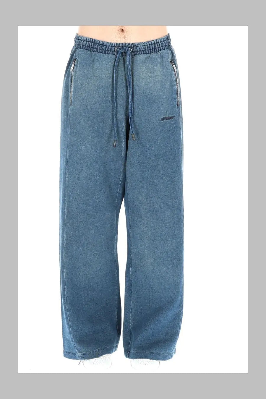 Off-White men’s blue denim pantalone sportivo distress diag slouchy joggers with drawstring waistband and side pockets