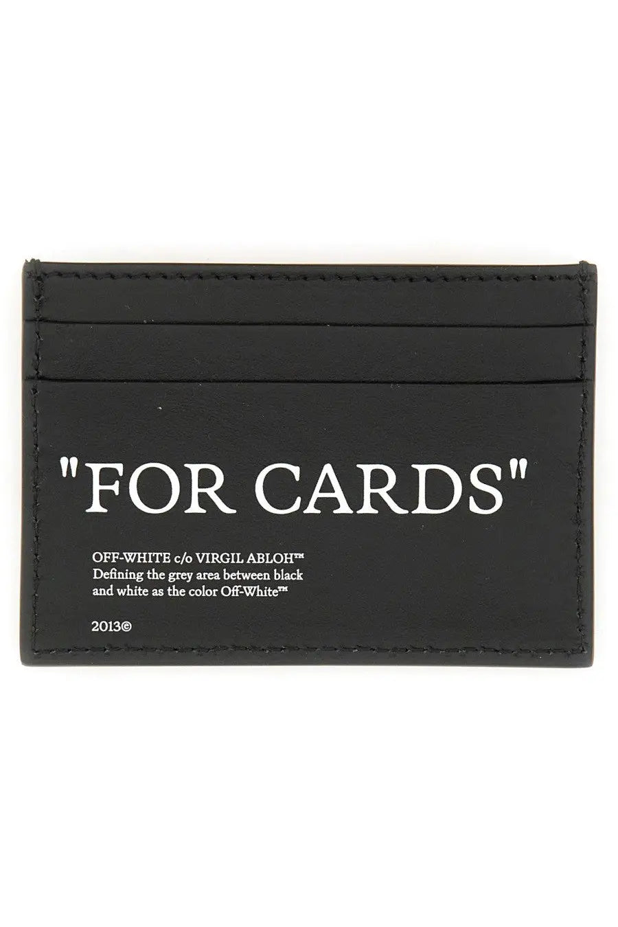 Off-white mens portacarte quote black black leather card holder with white stitched edges and for cards text