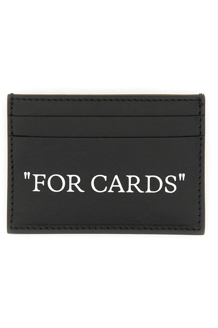 Off-White men’s black leather card holder with white stitched edges and for cards printed in bold uppercase letters