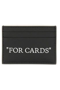 Off-White men’s black leather card holder with white stitched edges and for cards printed in bold uppercase letters