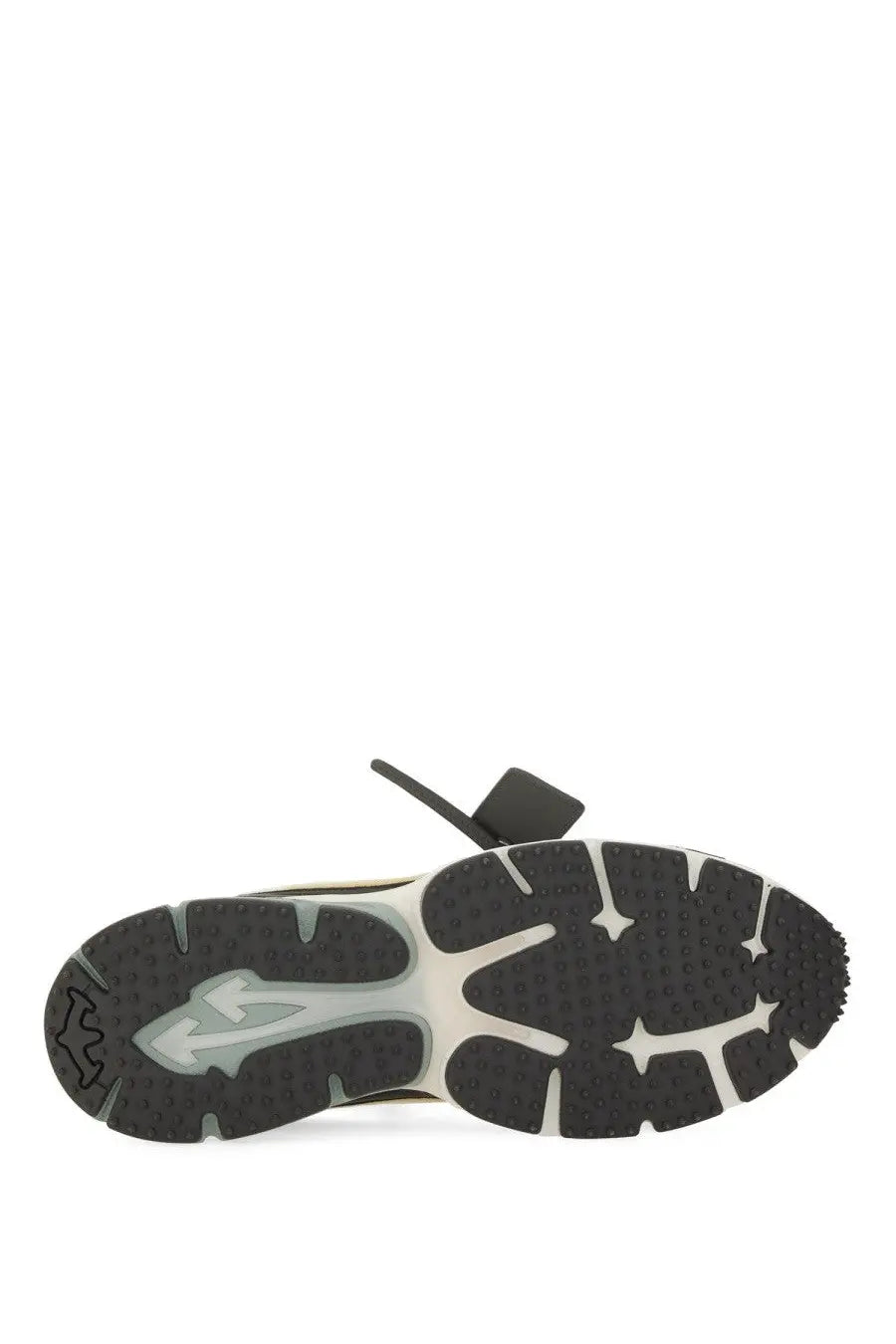 Back side of Off-White men’s BE Right Back sneaker showing black and white textured rubber sole and embossed logo on heel