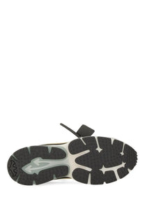 Back side of Off-White men’s BE Right Back sneaker showing black and white textured rubber sole and embossed logo on heel