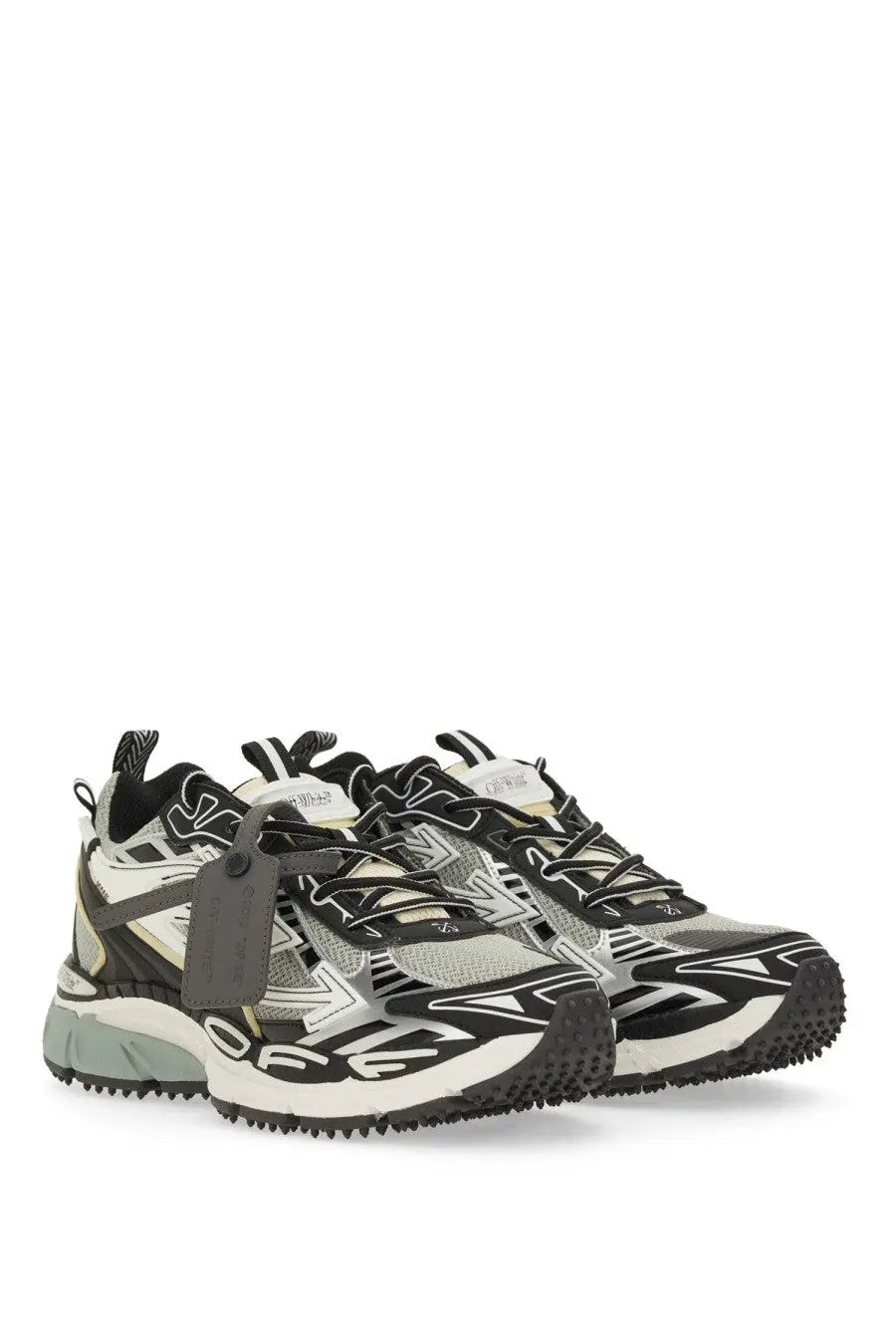 Off-White men’s BE Right Back sneaker in black and white with mesh upper rubber sole and bold geometric patterns