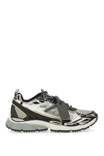 Off-white men’s be right back sneaker in black white and gray with mesh upper bold graphics and chunky sole