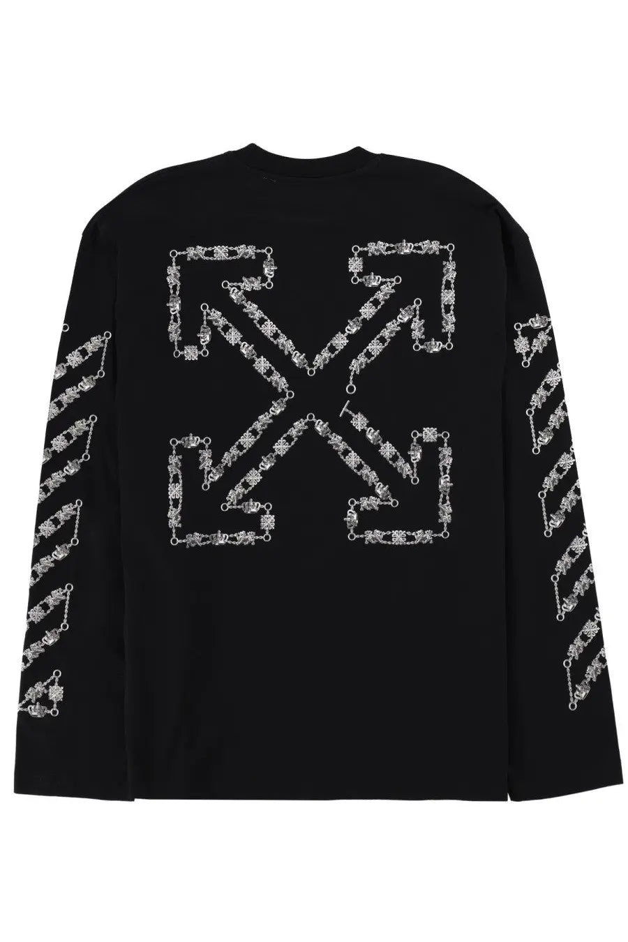 Off-white men’s black long-sleeved sweatshirt with silver chain-link pattern logo on back and sleeves shown from rear view