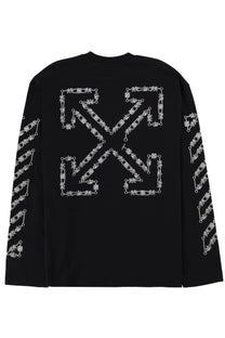 Off-white men’s black long-sleeved sweatshirt with silver chain-link pattern logo on back and sleeves shown from rear view