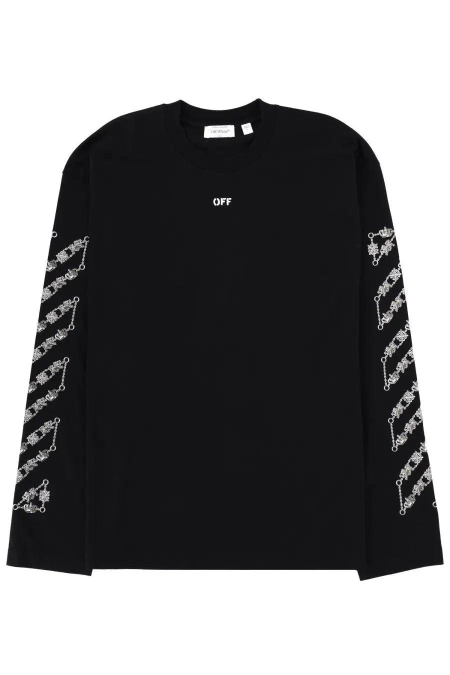 Off-White men’s black long-sleeved tee with white off logo on chest and chain-link graphic on sleeves
