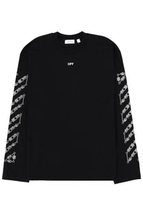 Off-White men’s black long-sleeved tee with white off logo on chest and chain-link graphic on sleeves