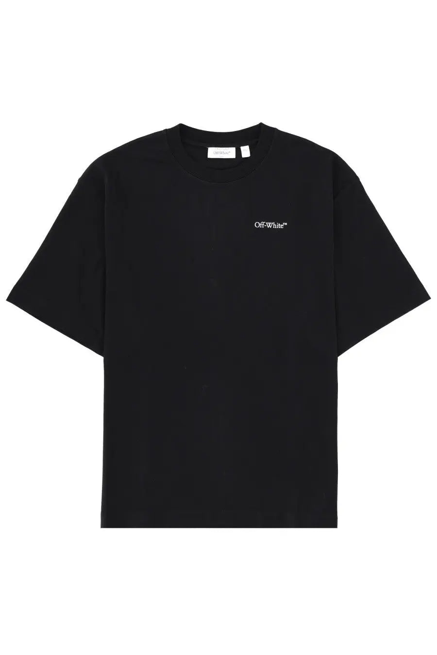 Off-white men’s black t-shirt with a minimalist white embroidered logo on the left chest in cotton material