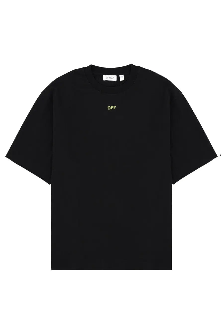 Off-white men’s black t-shirt with a small minimalist gold embroidered off logo on the chest