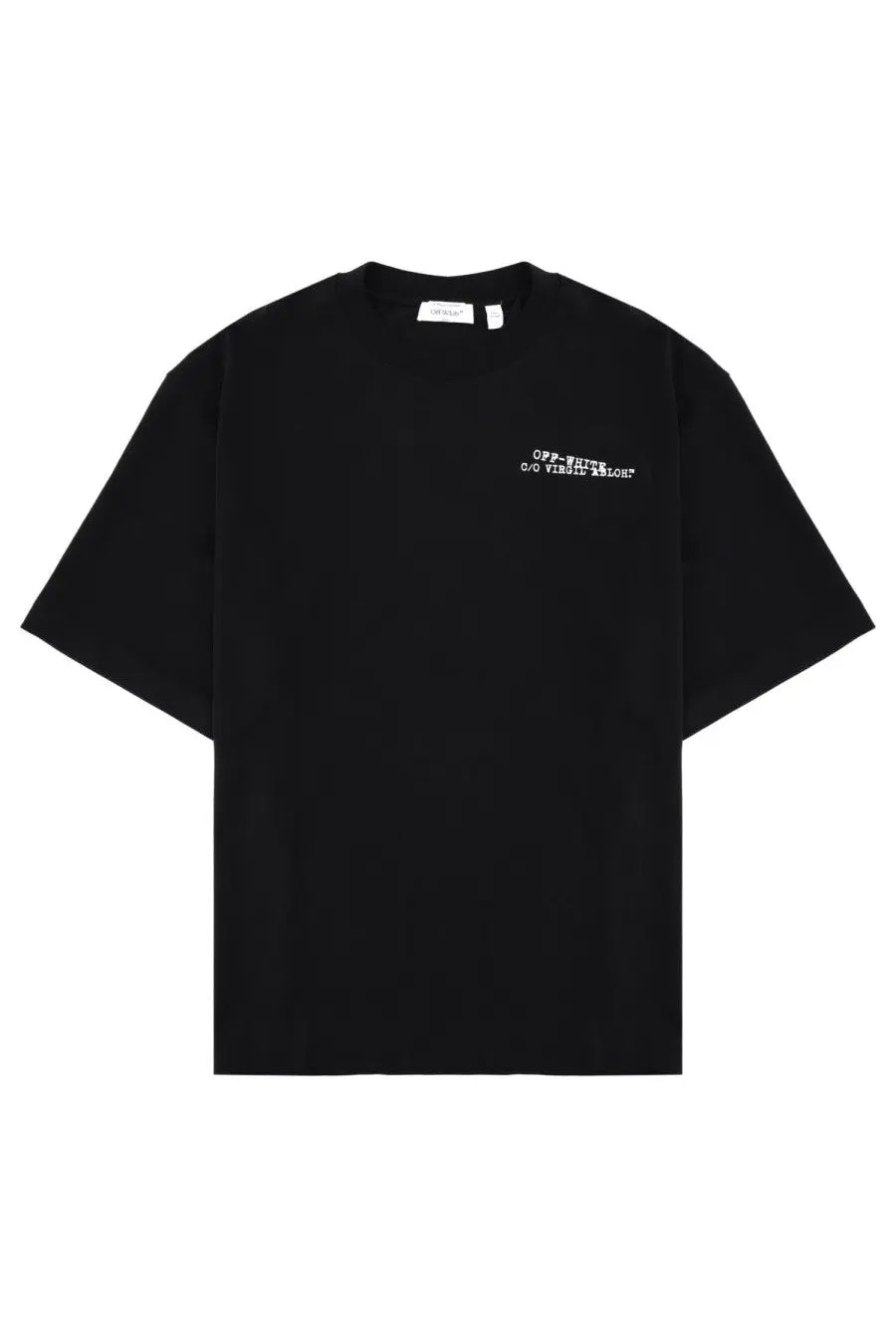 Black off-white men’s oversized t-shirt with white embroidered text on the chest in cotton material