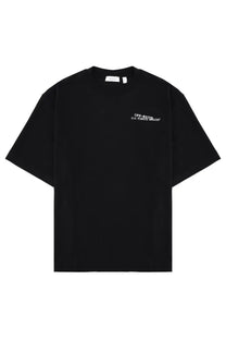 Black off-white men’s oversized t-shirt with white embroidered text on the chest in cotton material
