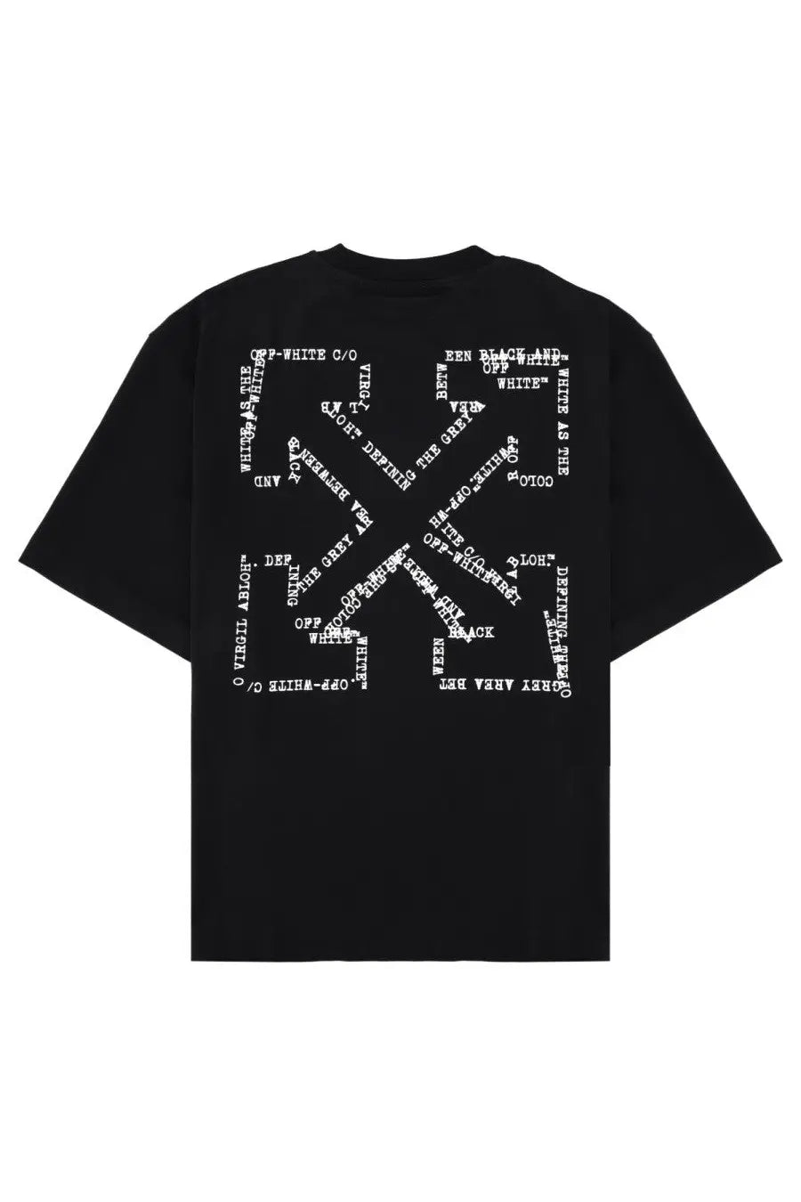 Off-white men’s black t-shirt showing bold white x-shaped text graphic on the back for casual wear