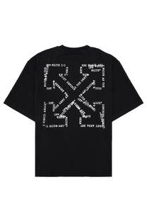 Off-white men’s black t-shirt showing bold white x-shaped text graphic on the back for casual wear
