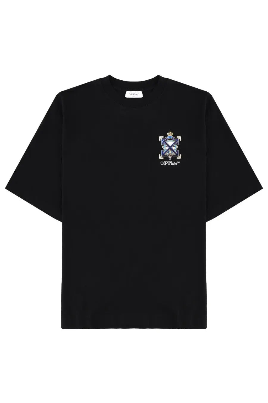 Off-white men’s black cotton t-shirt with detailed embroidered crest logo on the chest for casual wear