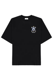 Black off-white men’s t-shirt featuring a detailed embroidered crest logo on the chest in cotton material