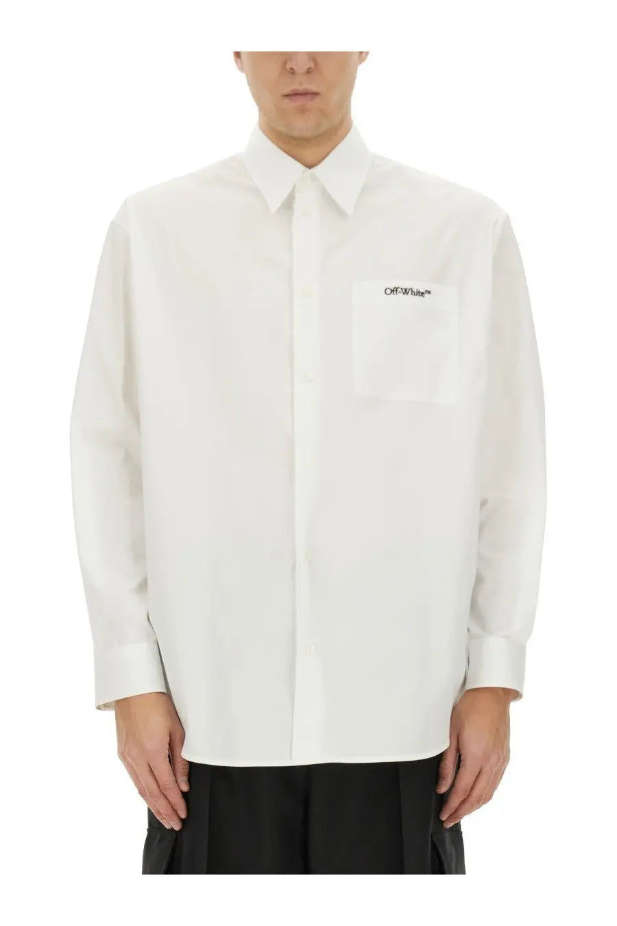 Off-white long-sleeved button-up shirt with chest pocket featuring Off-White logo for men in white color