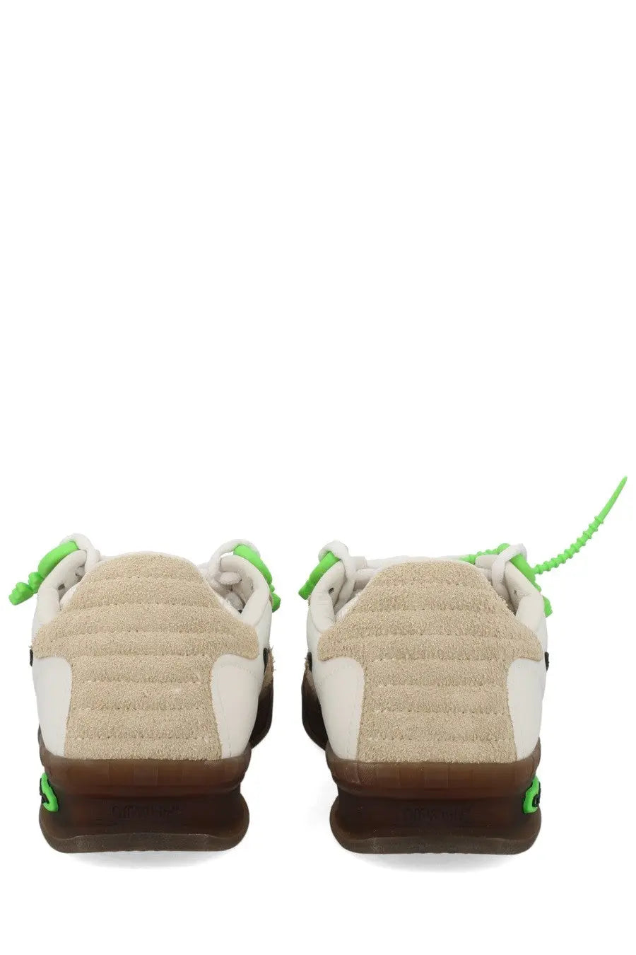 Off-white men’s sneaker end of play white with beige and white quilted heel green laces and brown rubber soles back view