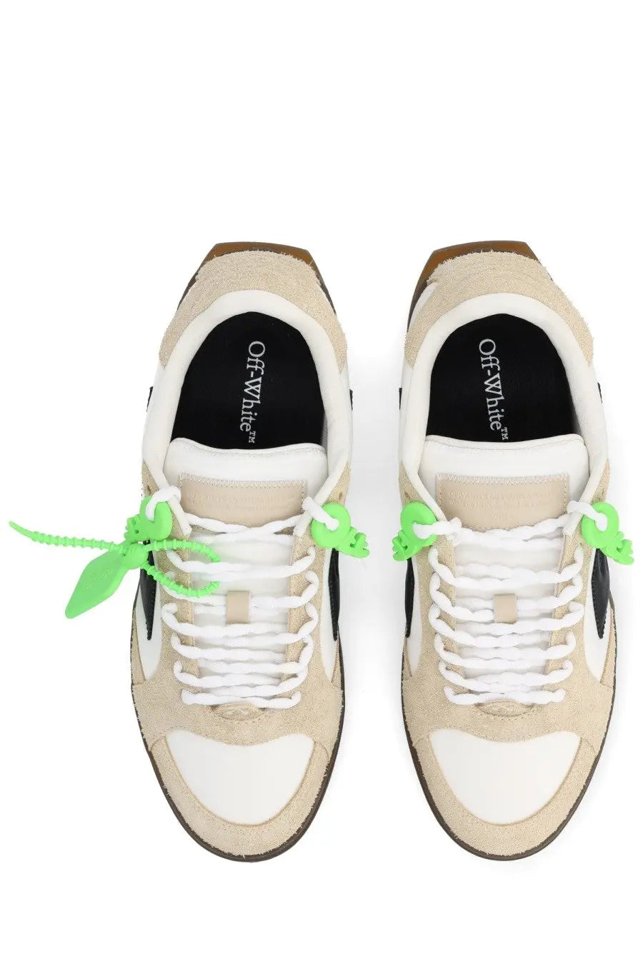 Off-white men’s sneaker end of play white in beige and white with neon green zip ties on laces for casual wear