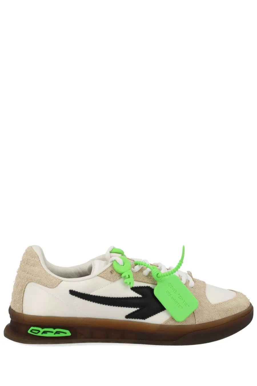 Off-White men’s sneaker end of play white suede sneaker with black arrow logo neon green laces and brown rubber sole