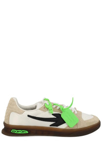 Off-White men’s sneaker end of play white suede sneaker with black arrow logo neon green laces and brown rubber sole